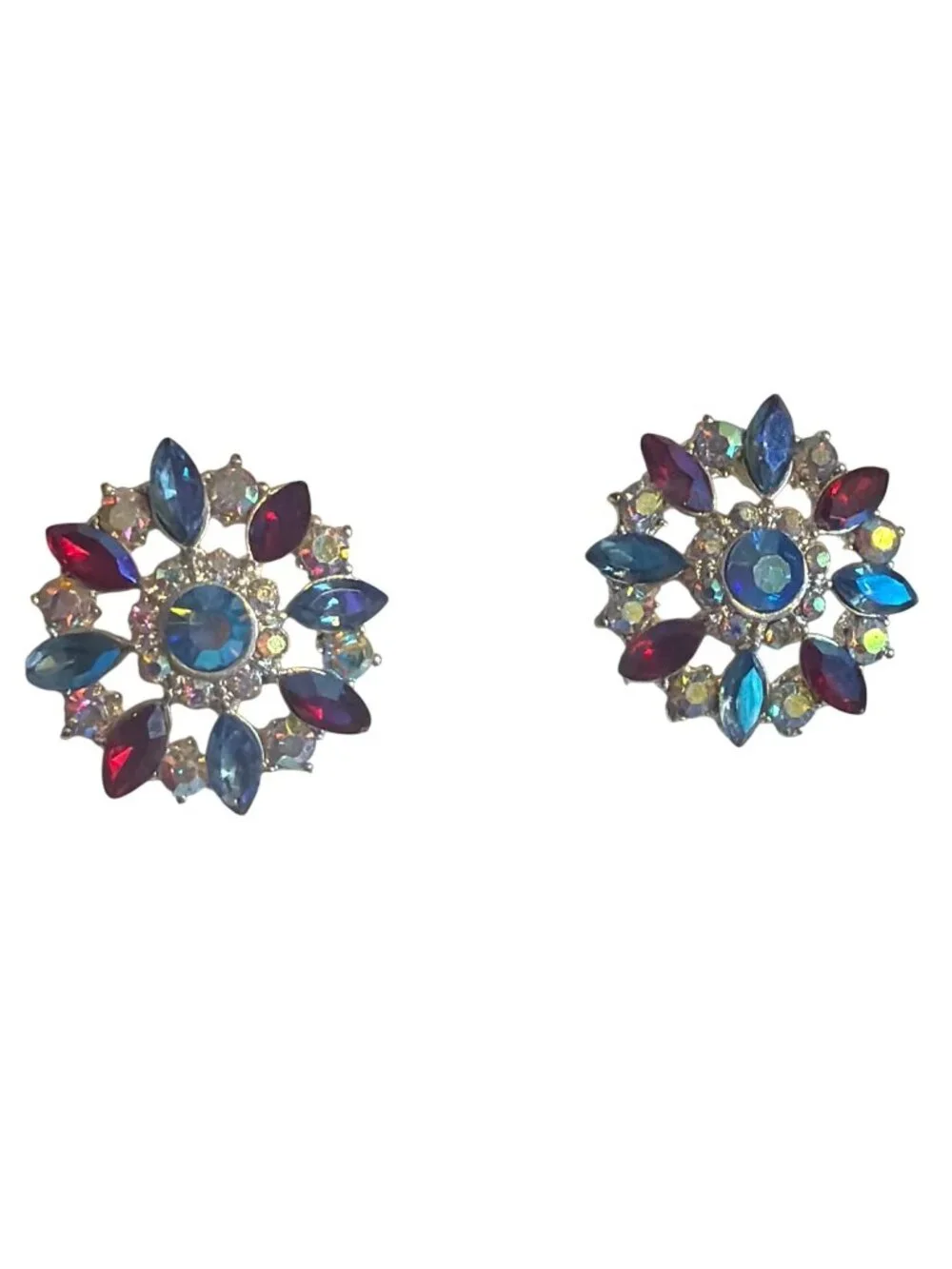 Silver Tone Round Earrings Openwork Clear Blue Red Aurora Borealis Rhinestones